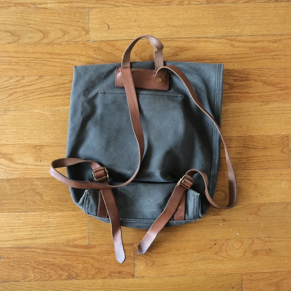 Madewell The Canvas Foldover Backpack Gray Leather Trim Army Surplus Style OS